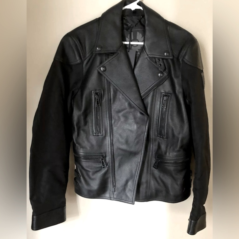 Belstaff size 48 black leather. Mixed media moto biker jacket